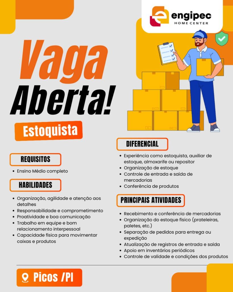 Vaga para Estoquista em Picos