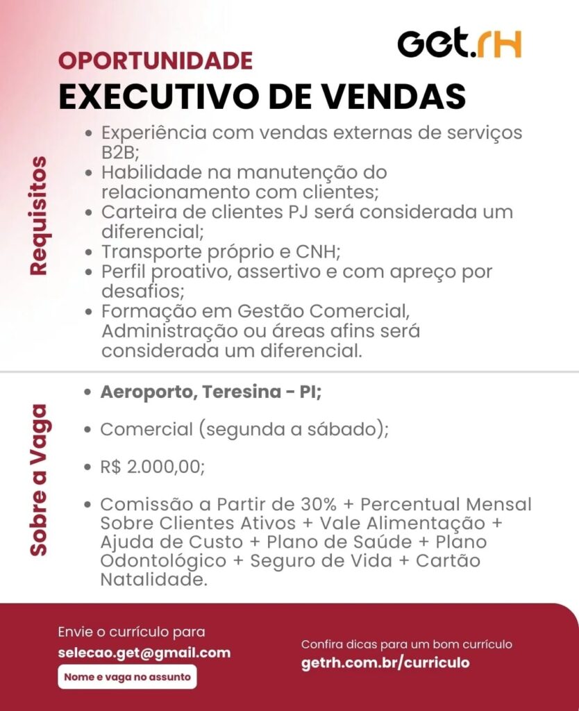 Vaga para Executivo de Vendas