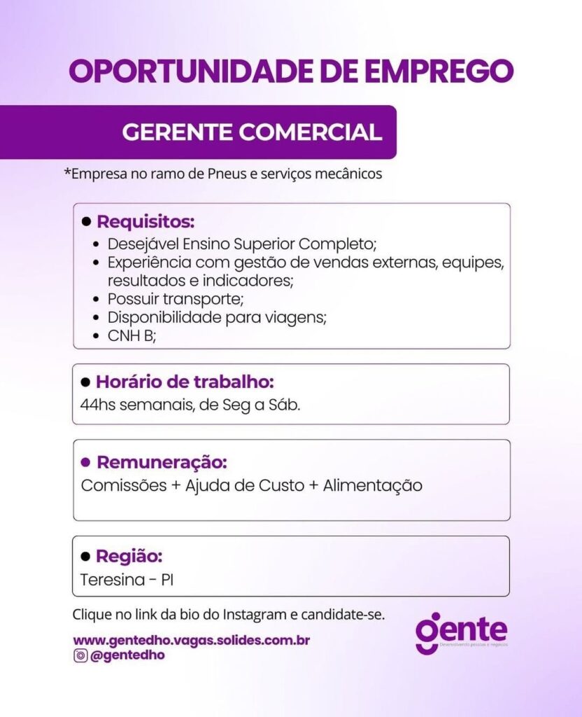 Vaga para Gerente Comercial