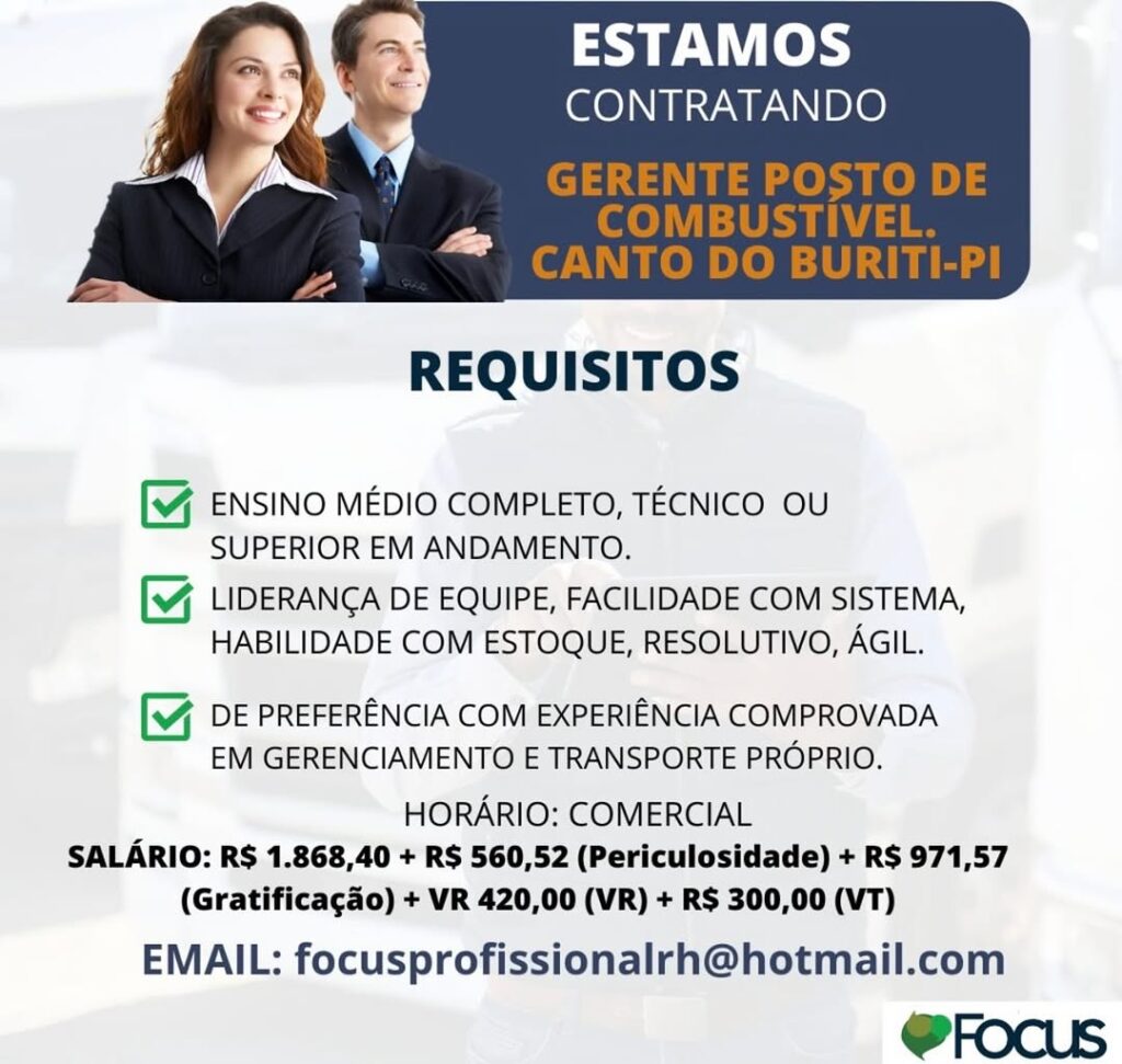 Vaga para Gerente Posto de Combustível em Canto do Buriti