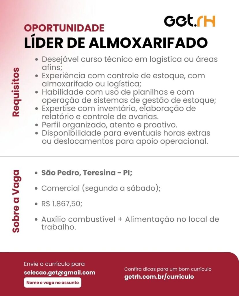 Vaga para Líder de Almoxarifado