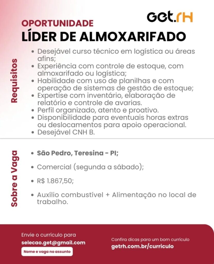 Vaga para Líder de Almoxarifado