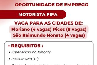 Vaga para Motorista Pipa em São Raimundo Nonato, Floriano e Picos