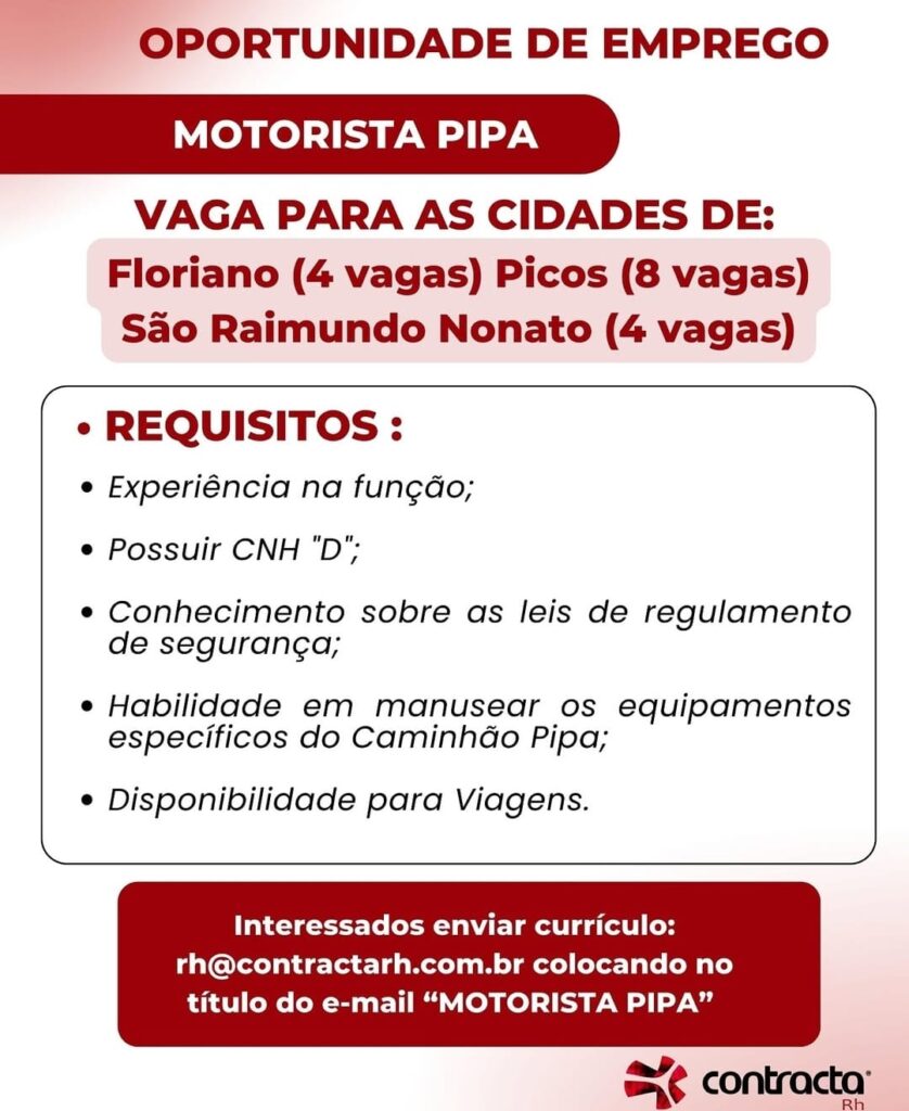 Vaga para Motorista Pipa em São Raimundo Nonato, Floriano e Picos