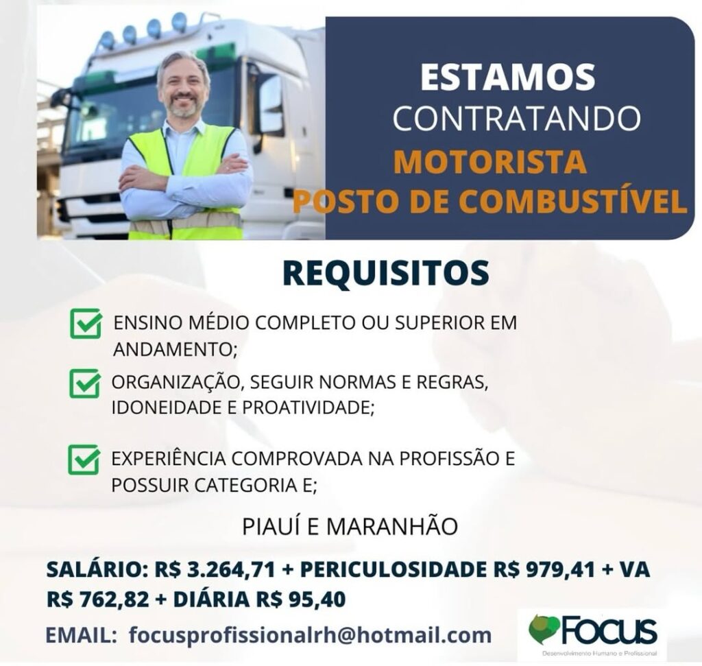 Vaga para Motorista Posto de Combustível no Piauí