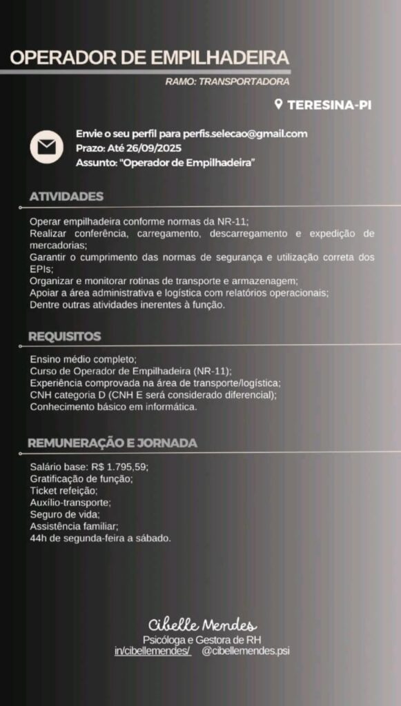 Vaga para Operador de Empilhadeira