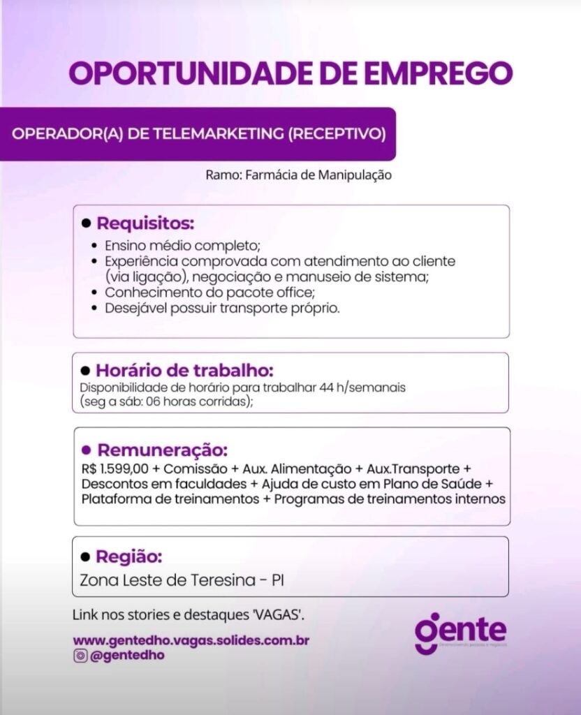 Vaga para Operador de Telemarketing (Receptivo)