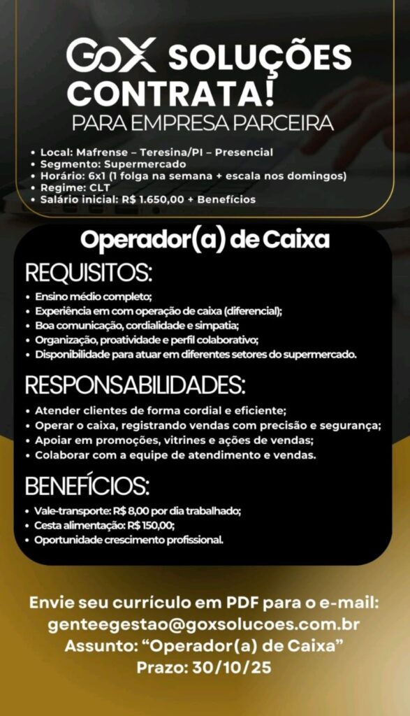 Vaga para Operador(a) de Caixa