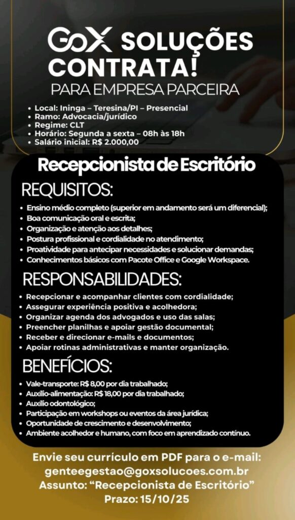 Vaga para Recepcionista de Escritório