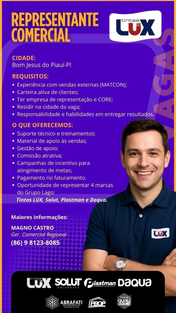 Vaga para Representante Comercial em Bom Jesus
