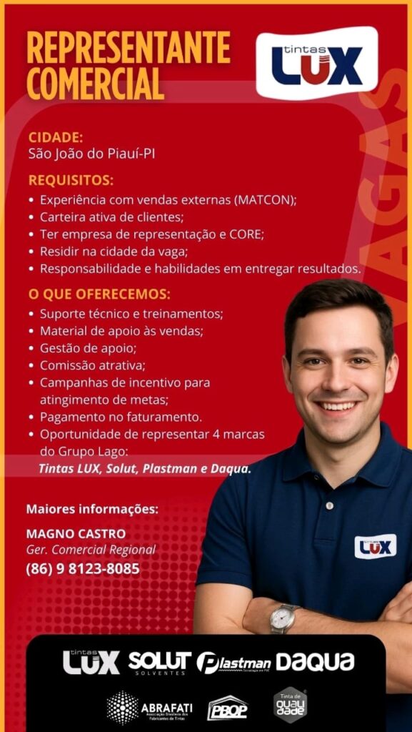 Vaga para Representante Comercial em São João do Piauí
