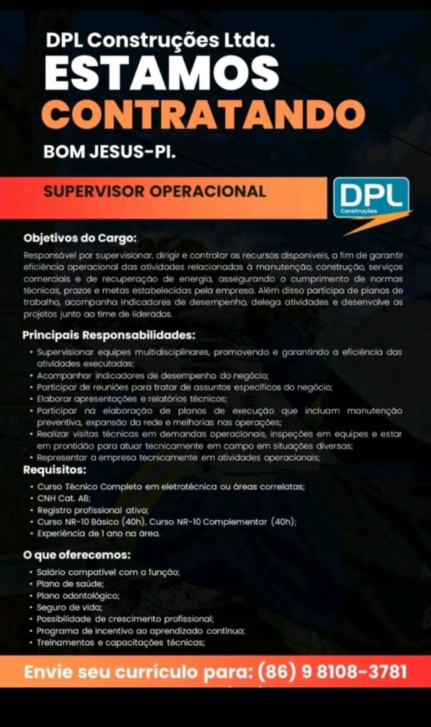 Vaga para Supervisor Operacional em Bom Jesus
