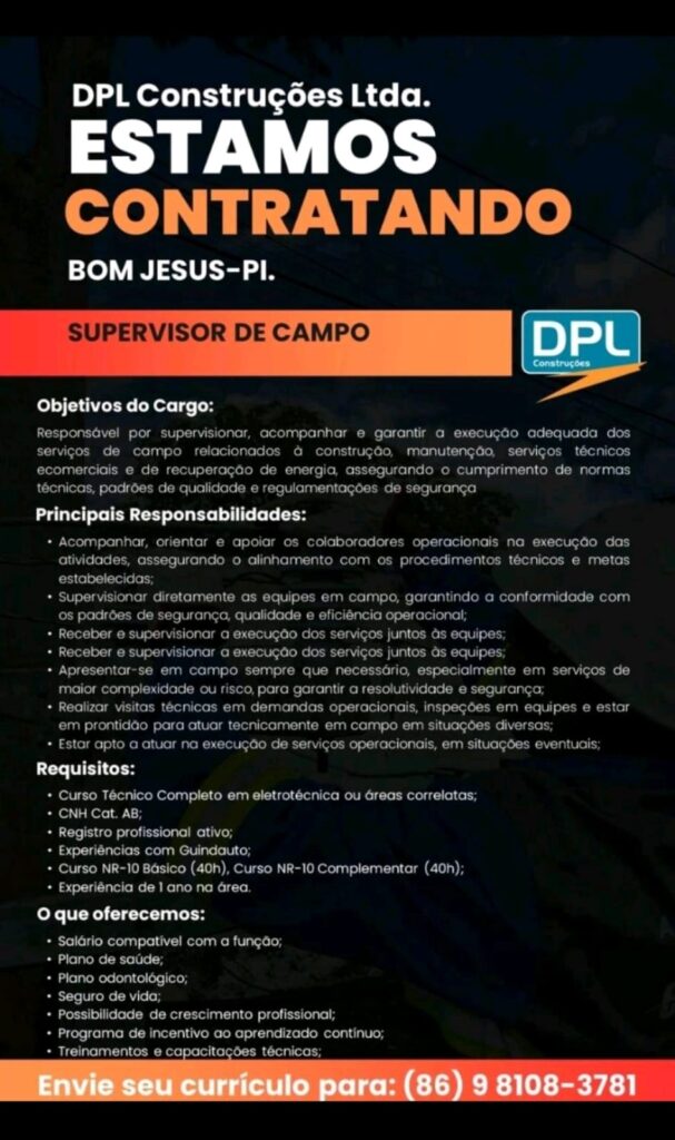 Vaga para Supervisor de Campo em Bom Jesus