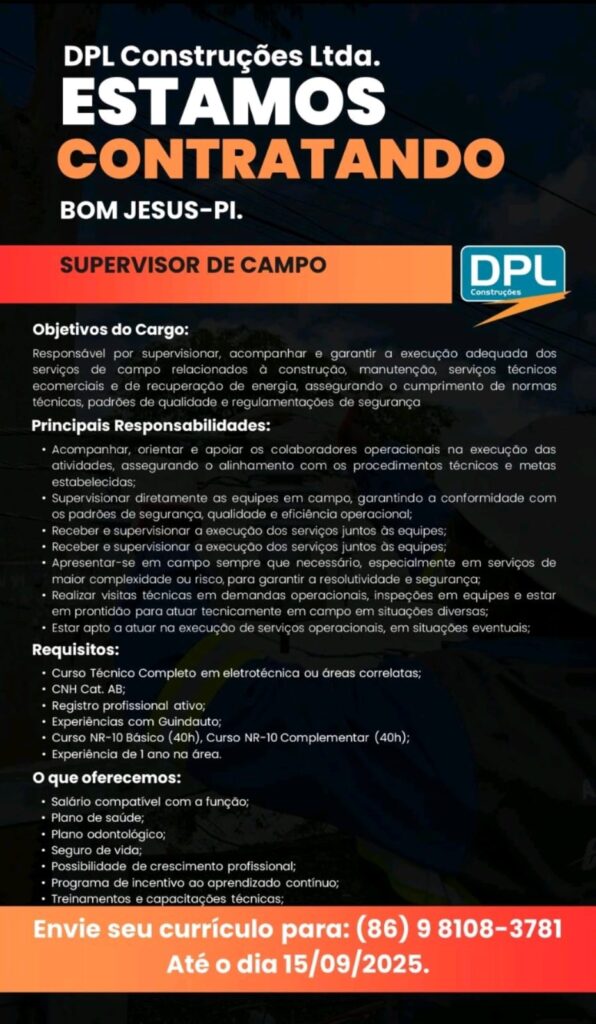 Vaga para Supervisor de Campo em Bom Jesus