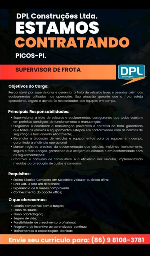 Vaga para Supervisor de Frota em Picos