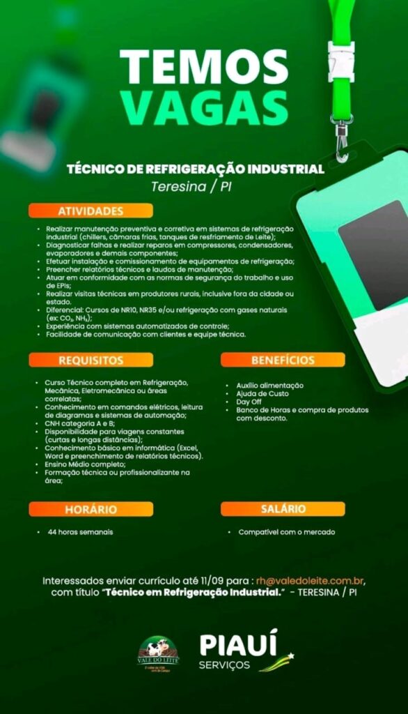 Vaga para Técnico de Refrigeração Industrial