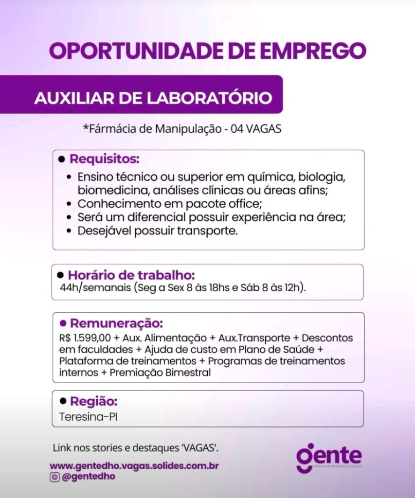 Vagas para Auxiliar de Laboratório