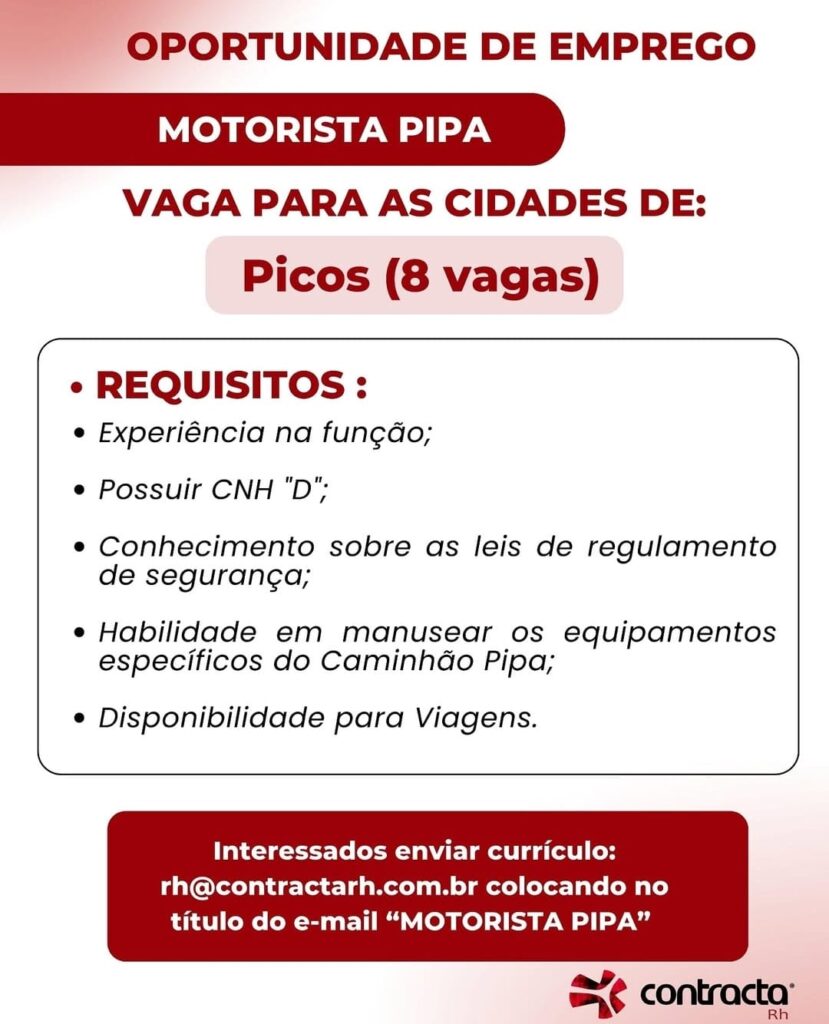 Vagas para Motorista Pipa em Picos