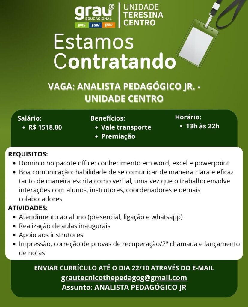 Vaga para Analista Pedagógico Jr