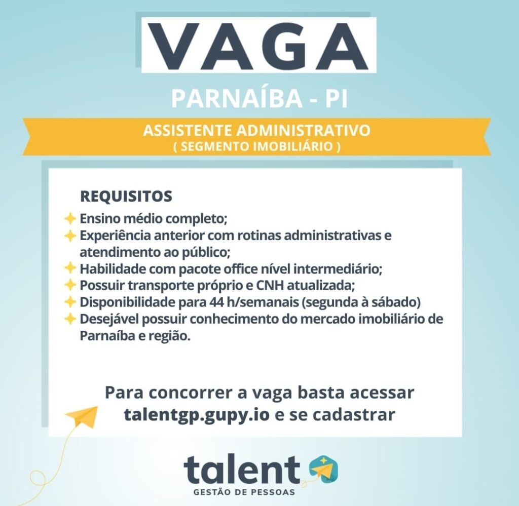 Vaga para Assistente Administrativo em Parnaíba