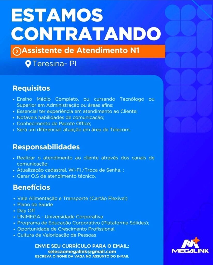Vaga para Assistente de Atendimento N1