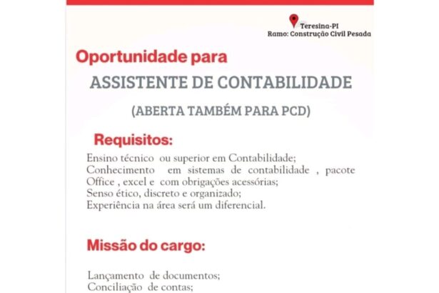 Vaga para Assistente de Contabilidade (PCD)