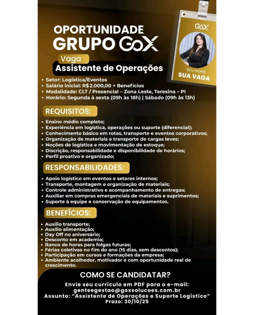 Vaga para Assistente de Operações