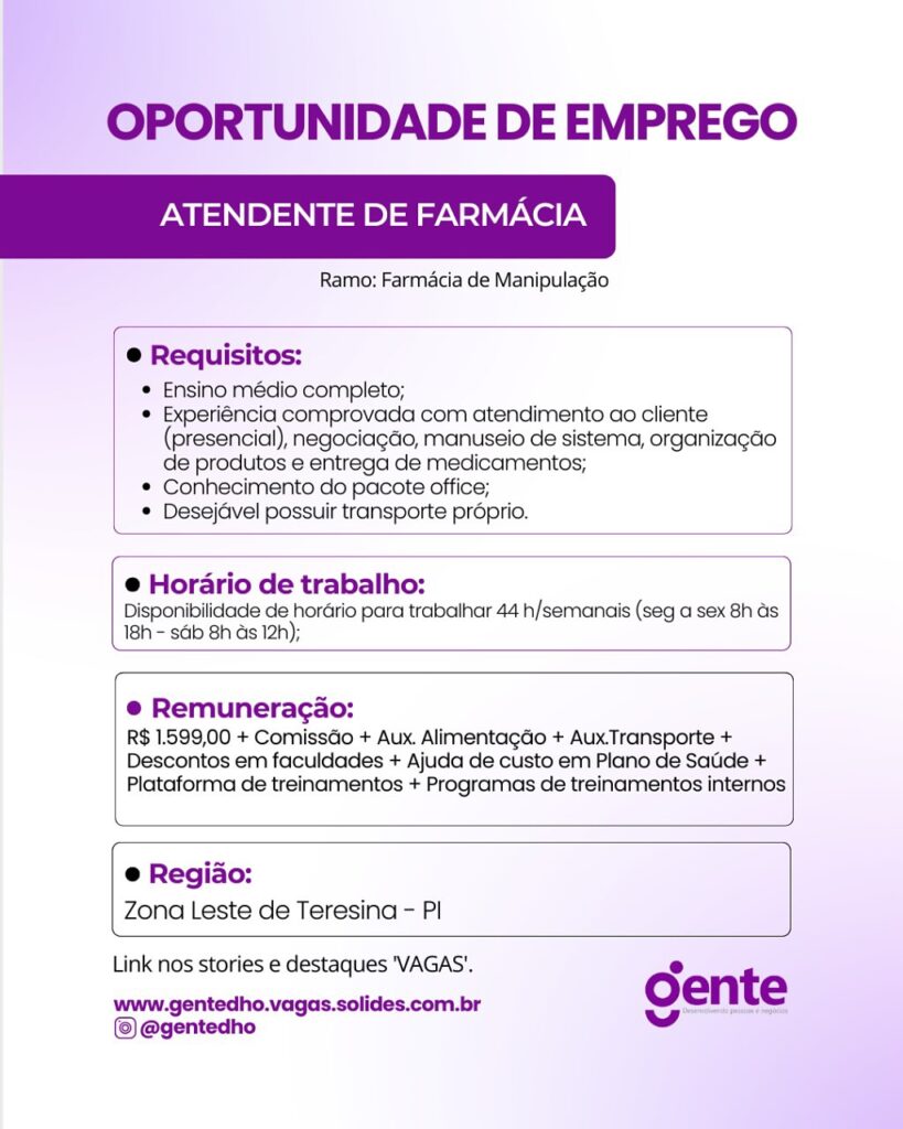 Vaga para Atendente de Farmácia