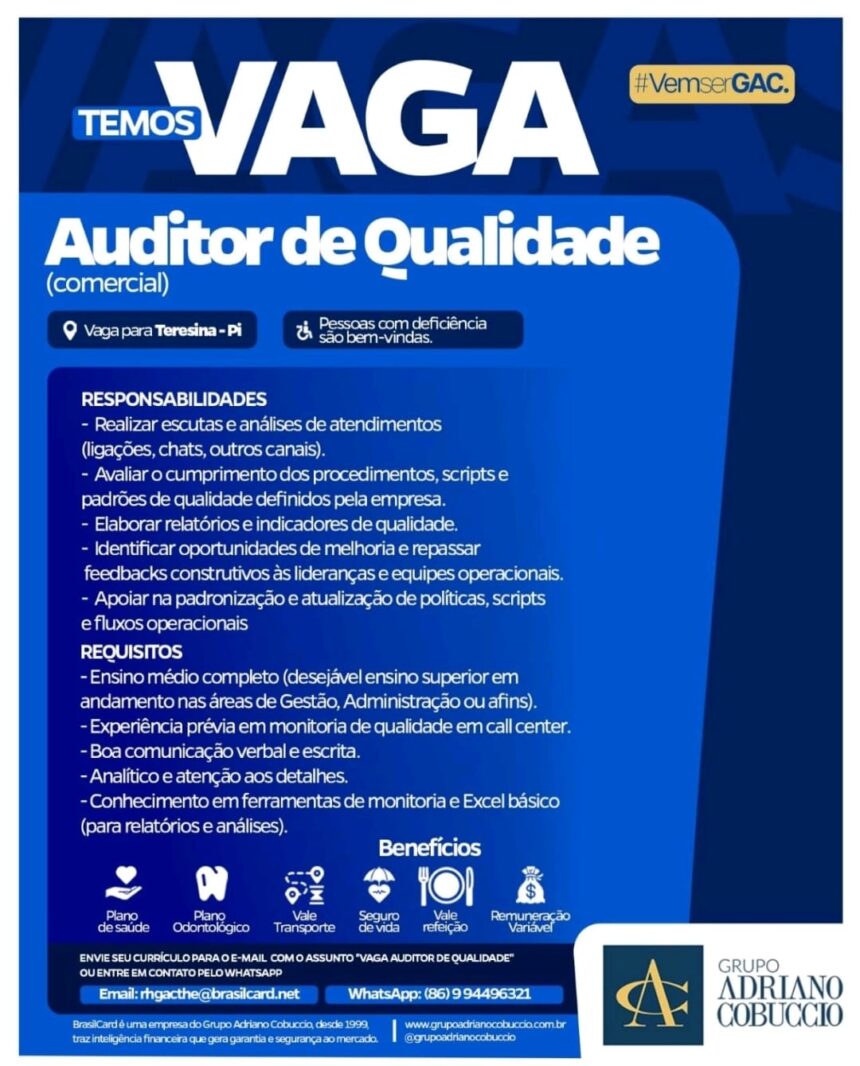Vaga para Auditor de Qualidade