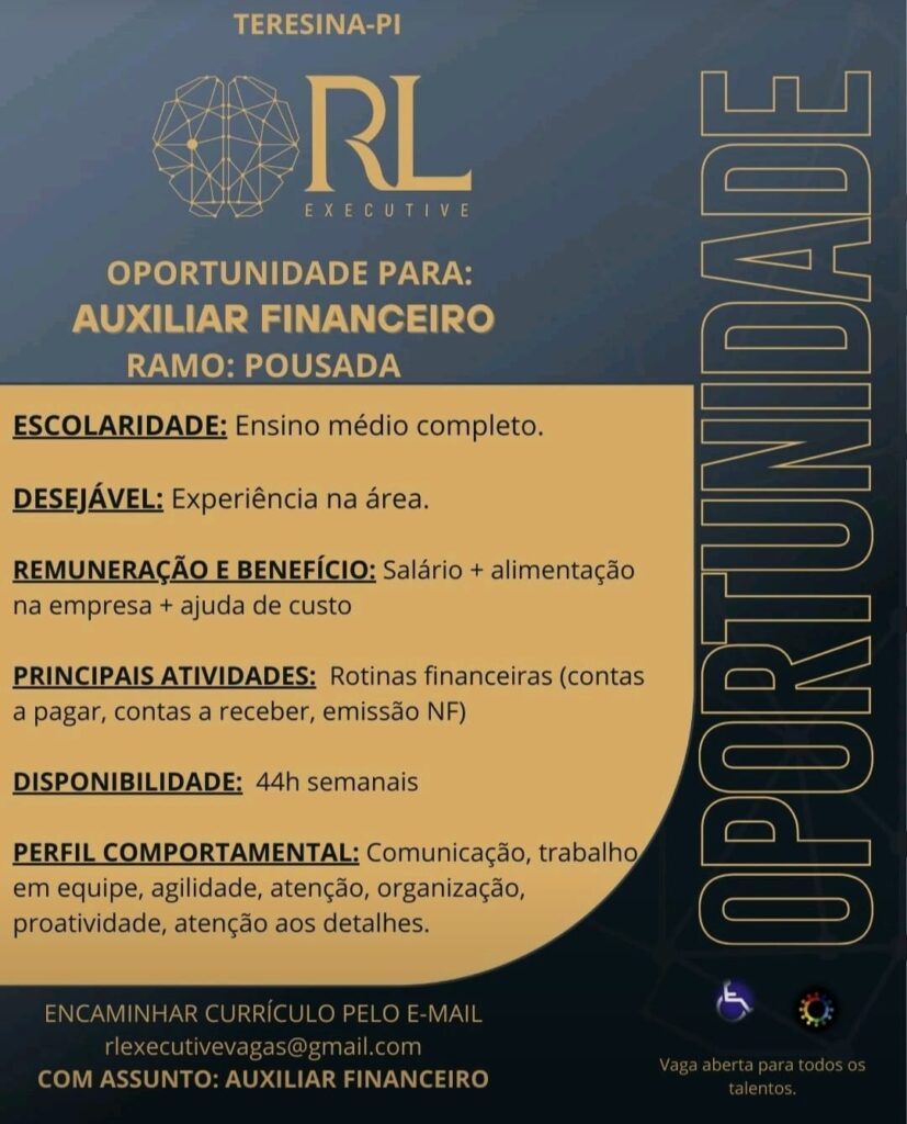 Vaga para Auxiliar Financeiro (Pousada) em Teresina