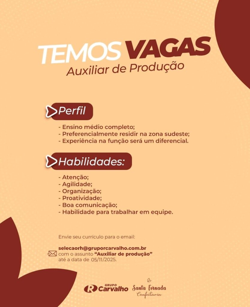 Vaga para Auxiliar de Produção
