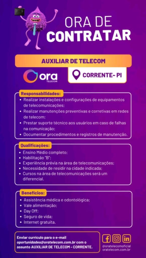 Vaga para Auxiliar de Telecom em Corrente