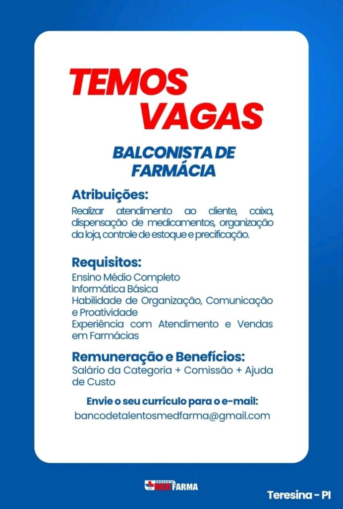 Vaga para Balconista de Farmácia
