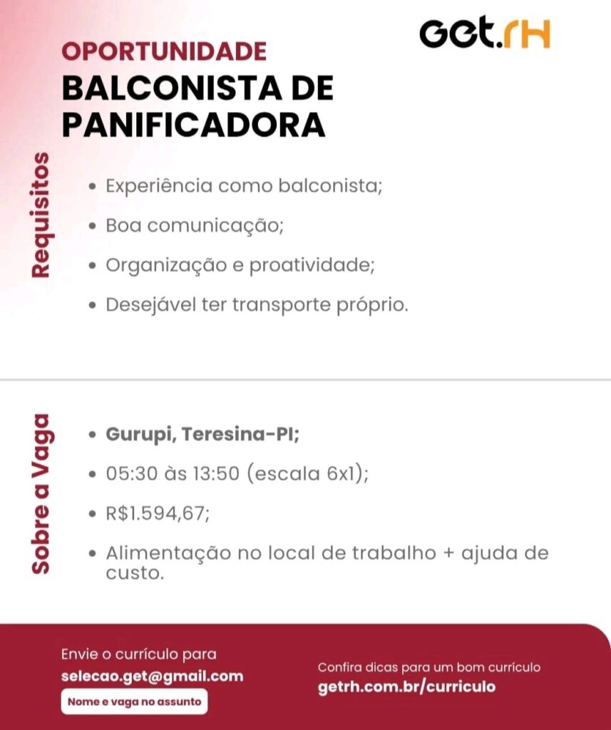 Vaga para Balconista de Panificadora