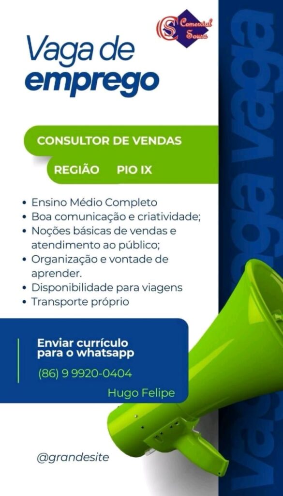 Vaga para Consultor de Vendas em Pio IX