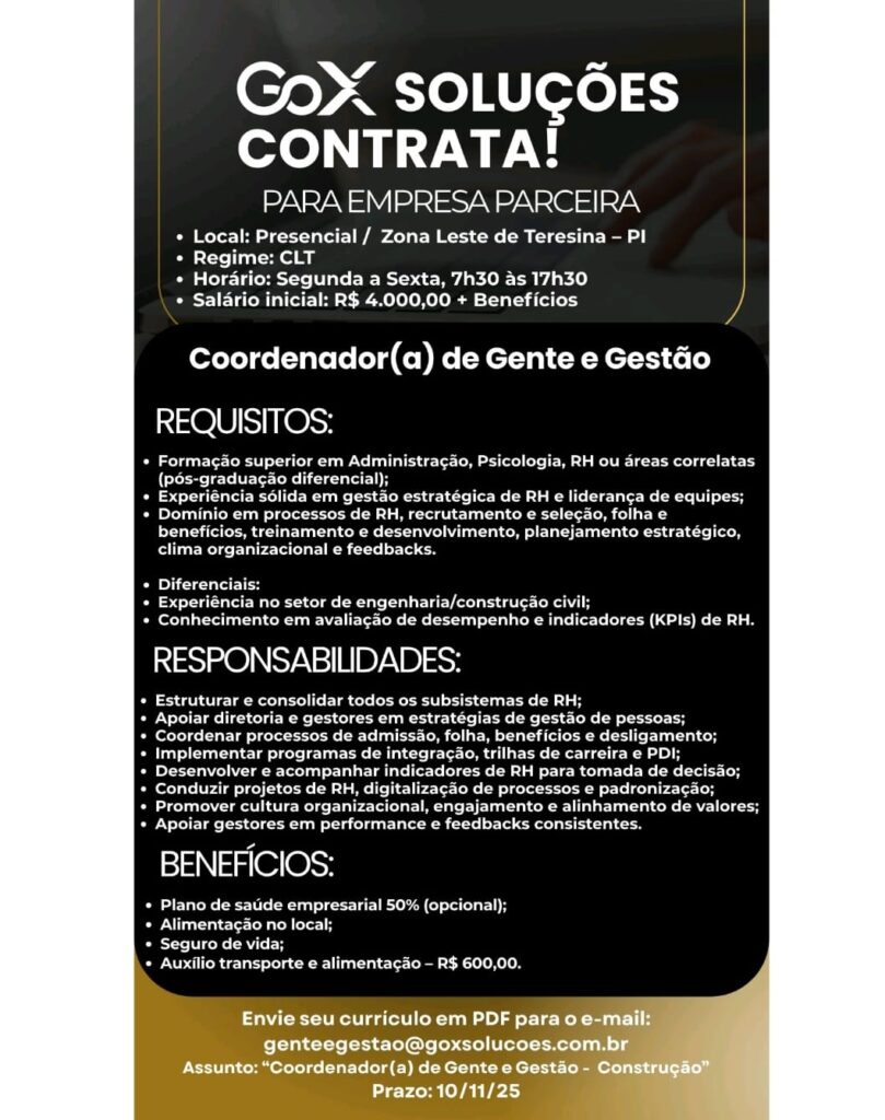 Vaga para Coordenador de Gente e Gestão