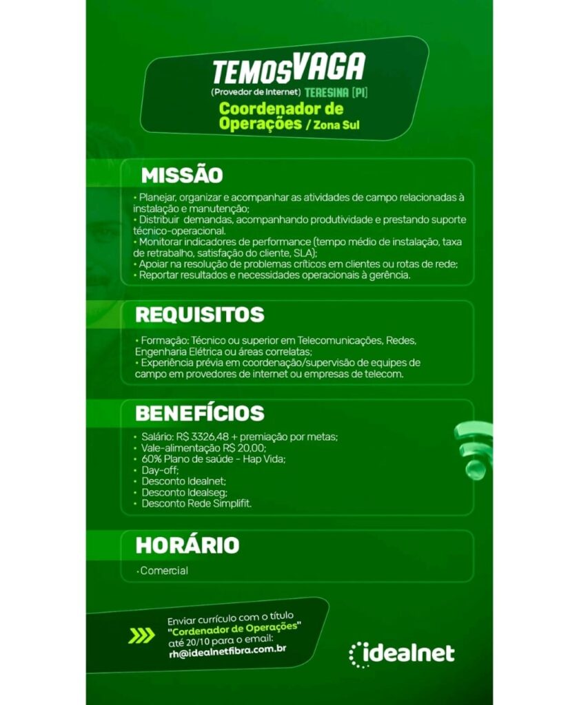 Vaga para Coordenador de Operações
