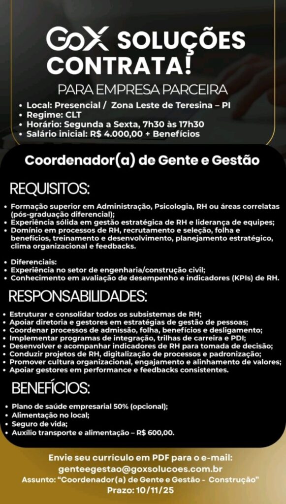 Vaga para Coordenador(a) de Gente e Gestão