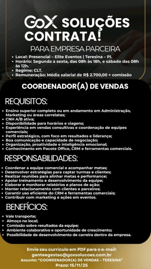 Vaga para Coordenador(a) de Vendas