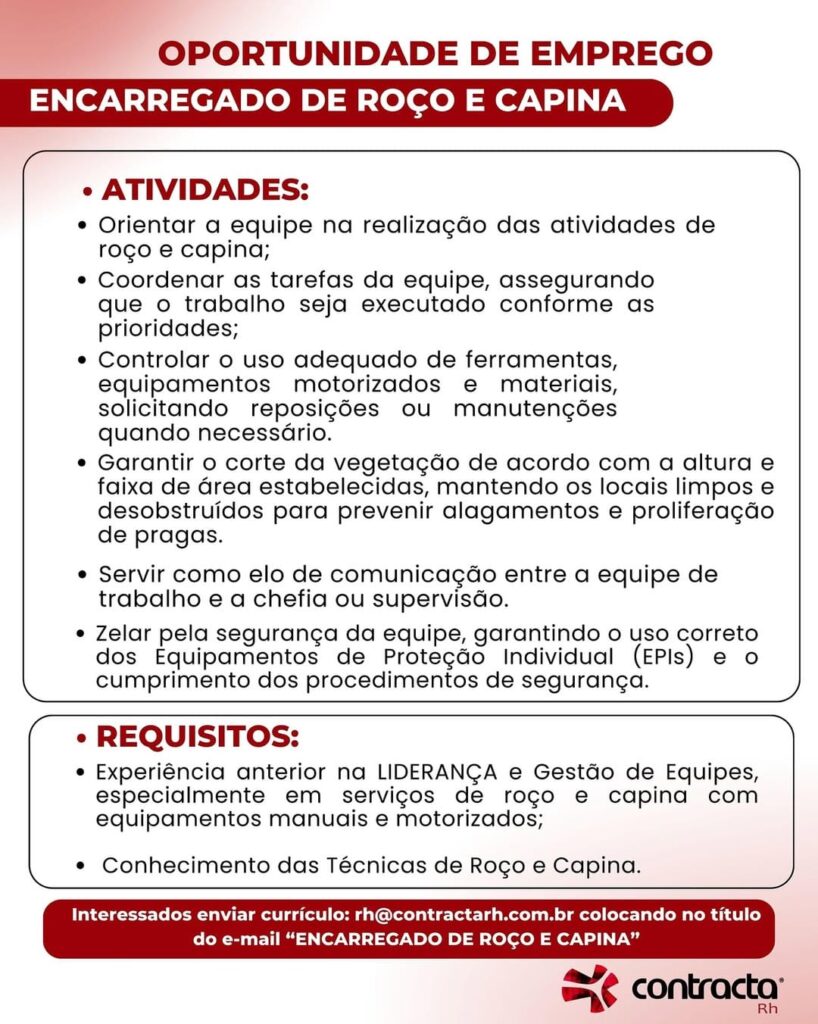 Vaga para Encarregado de Roço e Capina