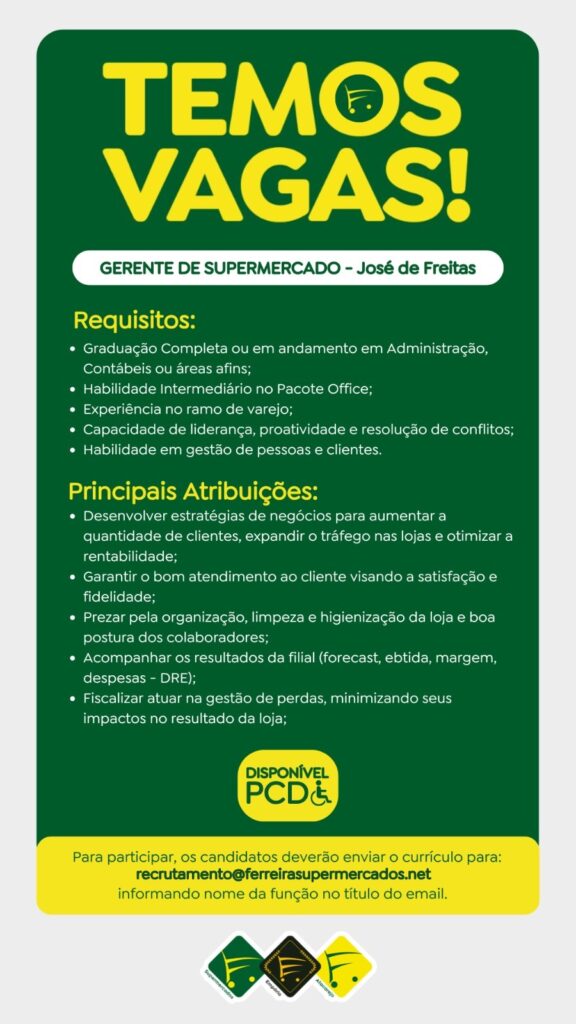Vaga para Gerente de Supermercado em José de Freitas