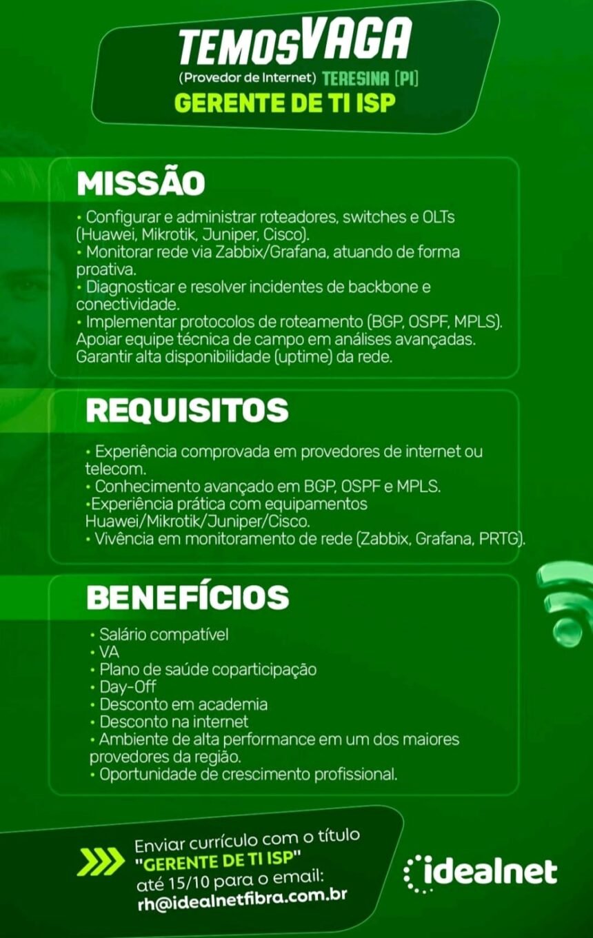 Vaga para Gerente de TI ISP