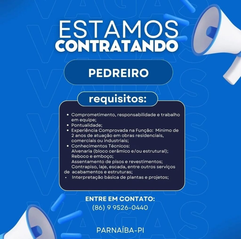 Vaga para Pedreiro em Parnaíba