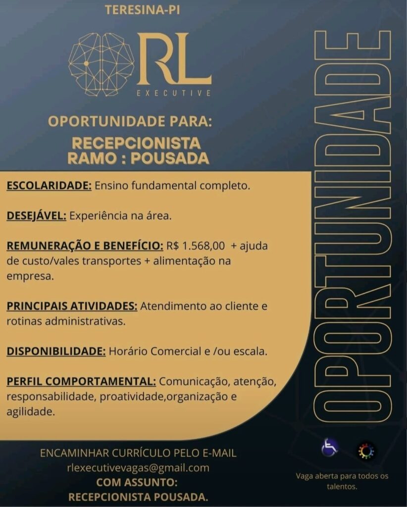 Vaga para Recepcionista (Pousada) em Teresina
