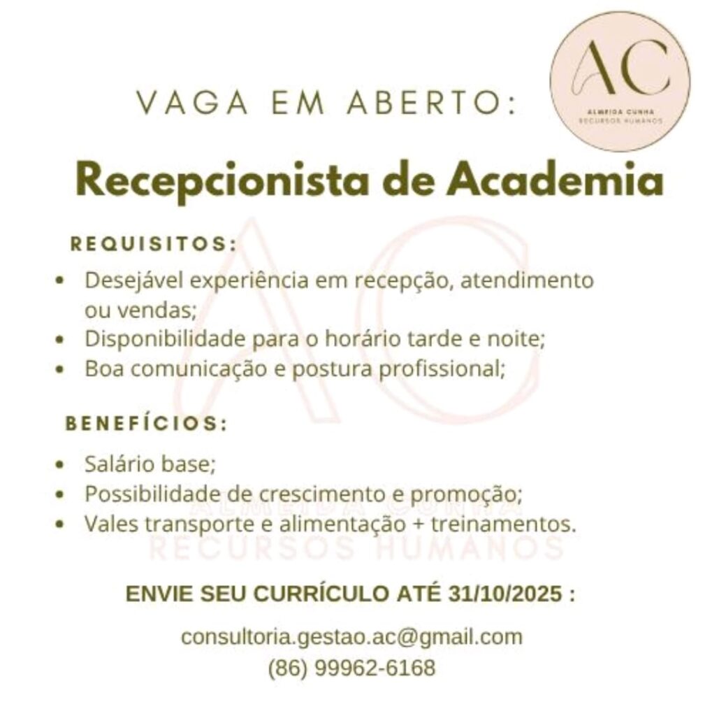 Vaga para Recepcionista de Academia