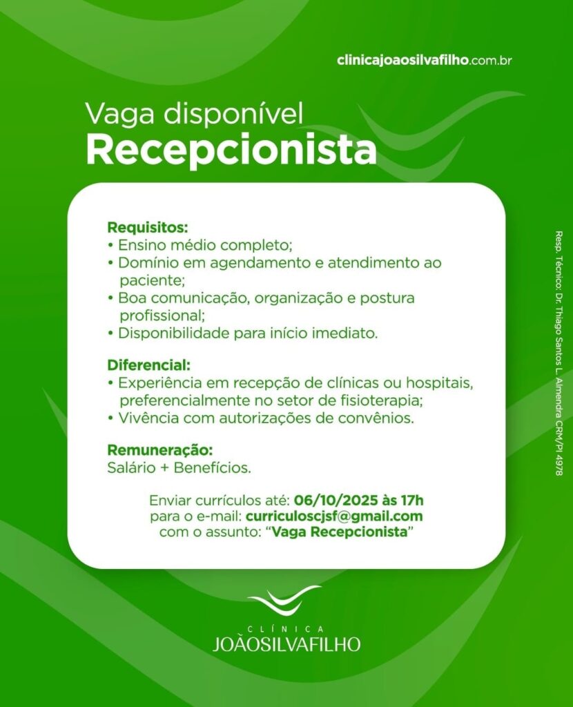 Vaga para Recepcionista em Parnaíba