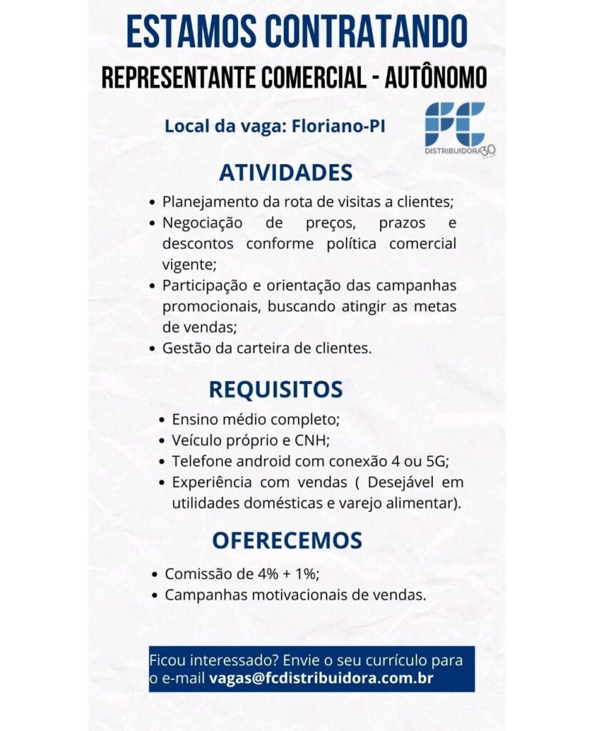 Vaga para Representante Comercial em Floriano