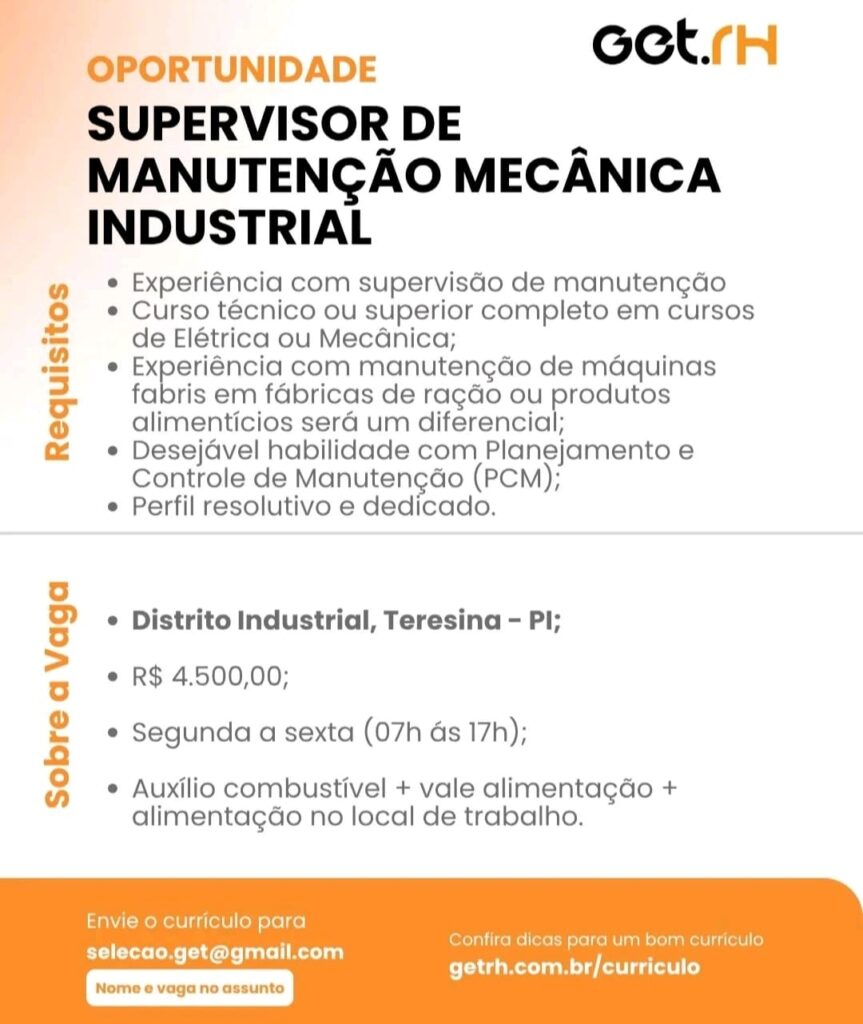 Vaga para Supervisor de Manutenção Mecânica Industrial