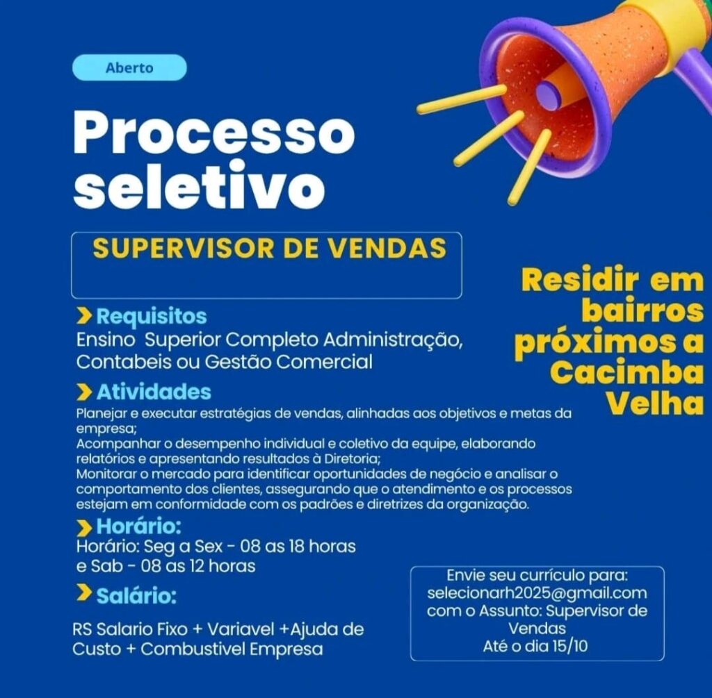 Vaga para Supervisor de Vendas