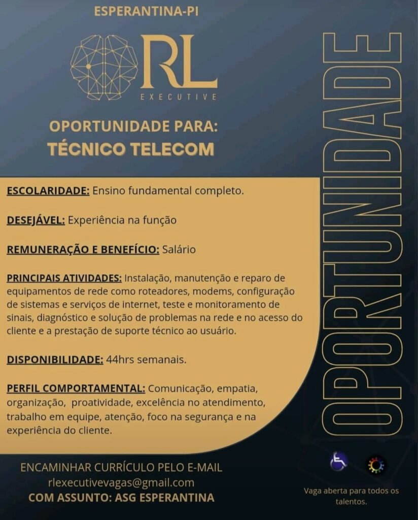Vaga para Técnico Telecom em Esperantina